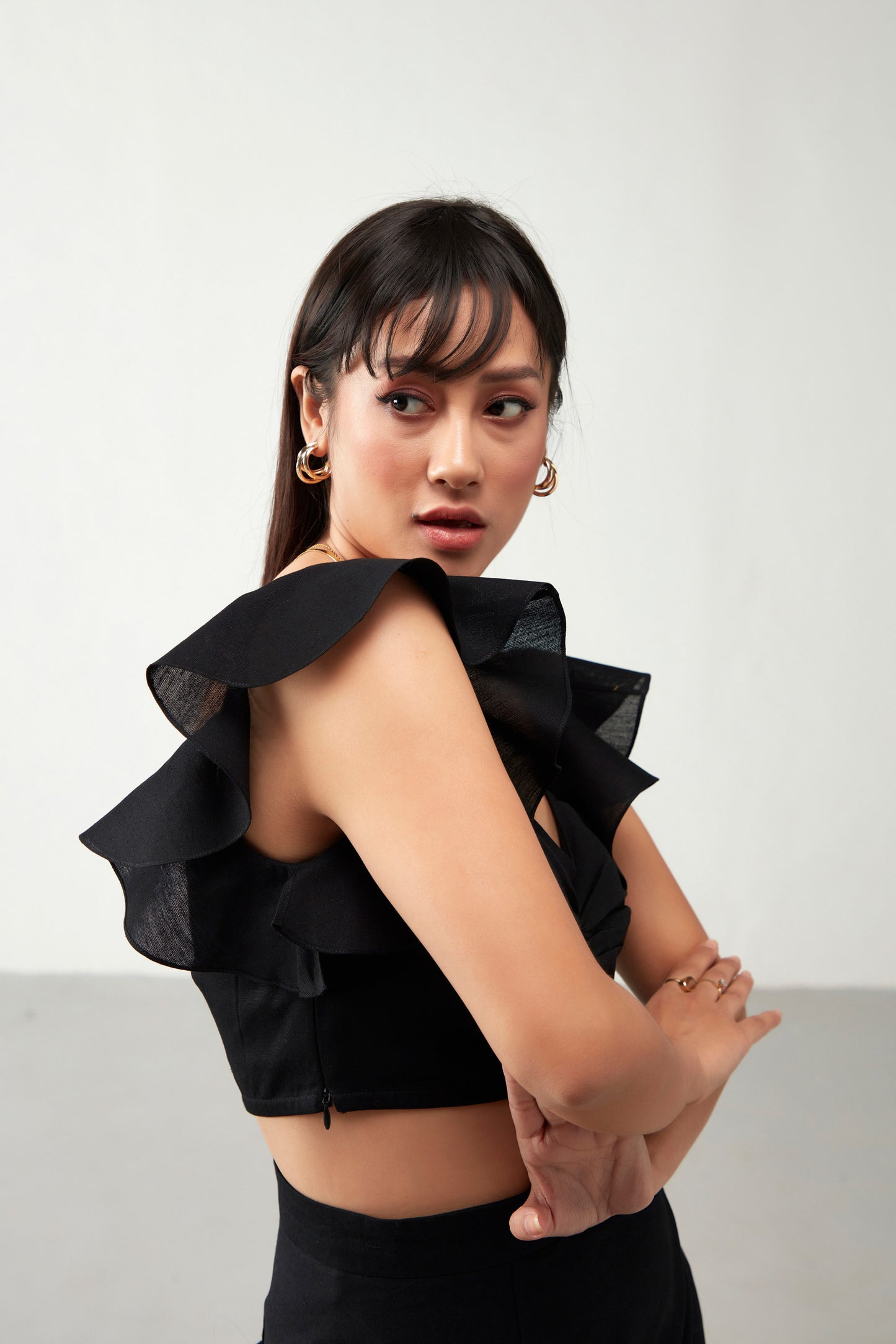 Black Gathered Details Ruffles Cotton Crop Top