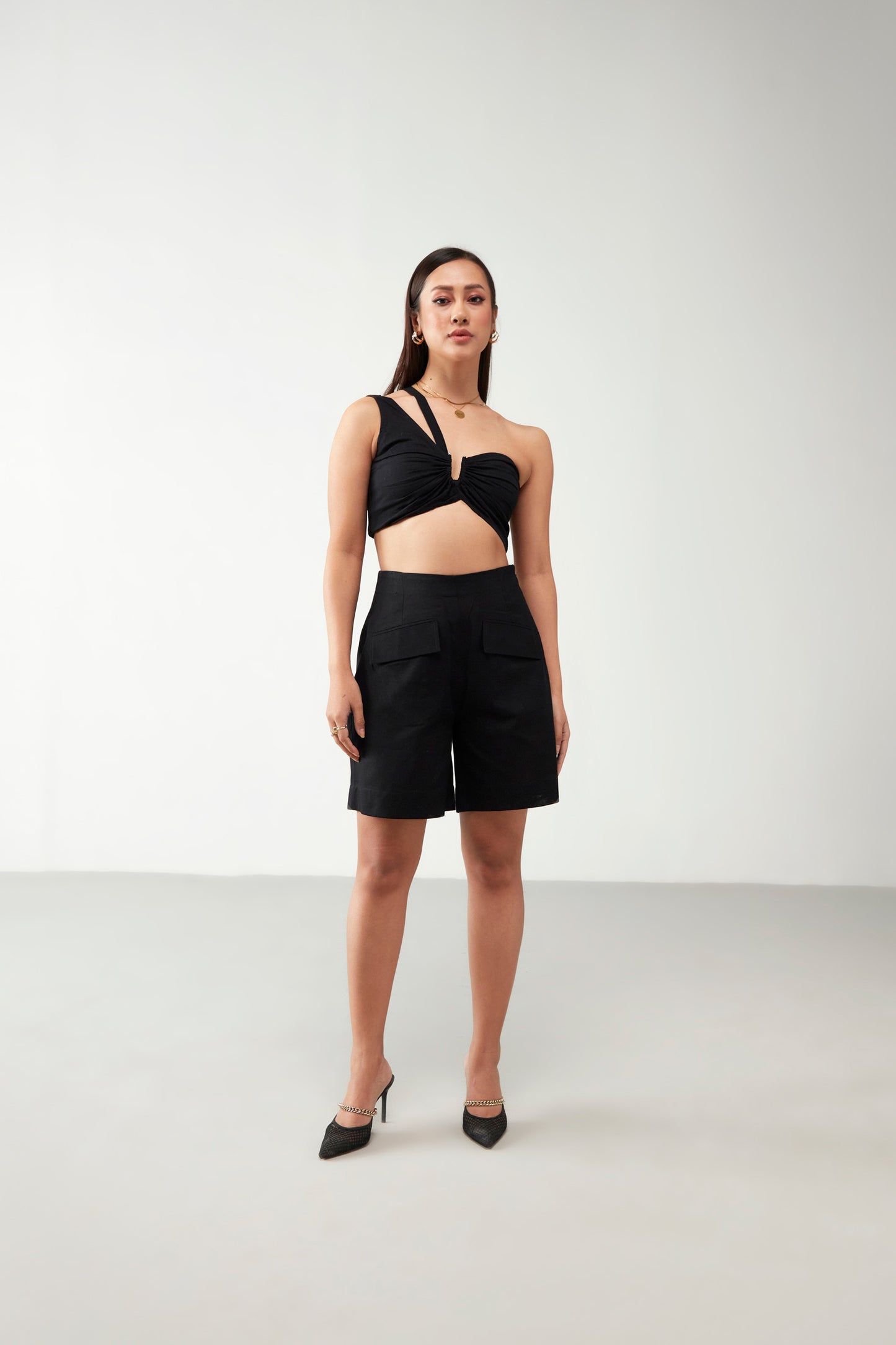 Black Crop Top with Shorts Cotton Co-Ord Set