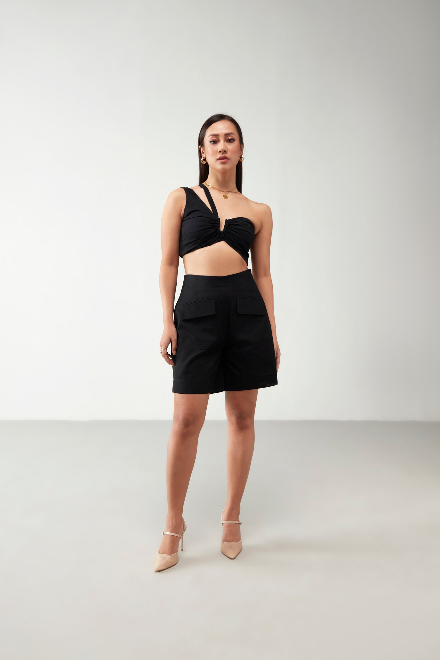 Black Crop Top with Shorts Cotton Co-Ord Set