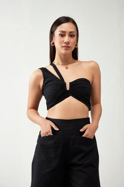 Black Crop Top with Shorts Cotton Co-Ord Set