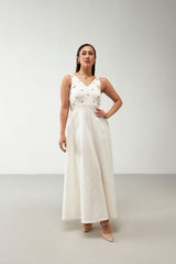 Off White Floral Details Cotton Dress