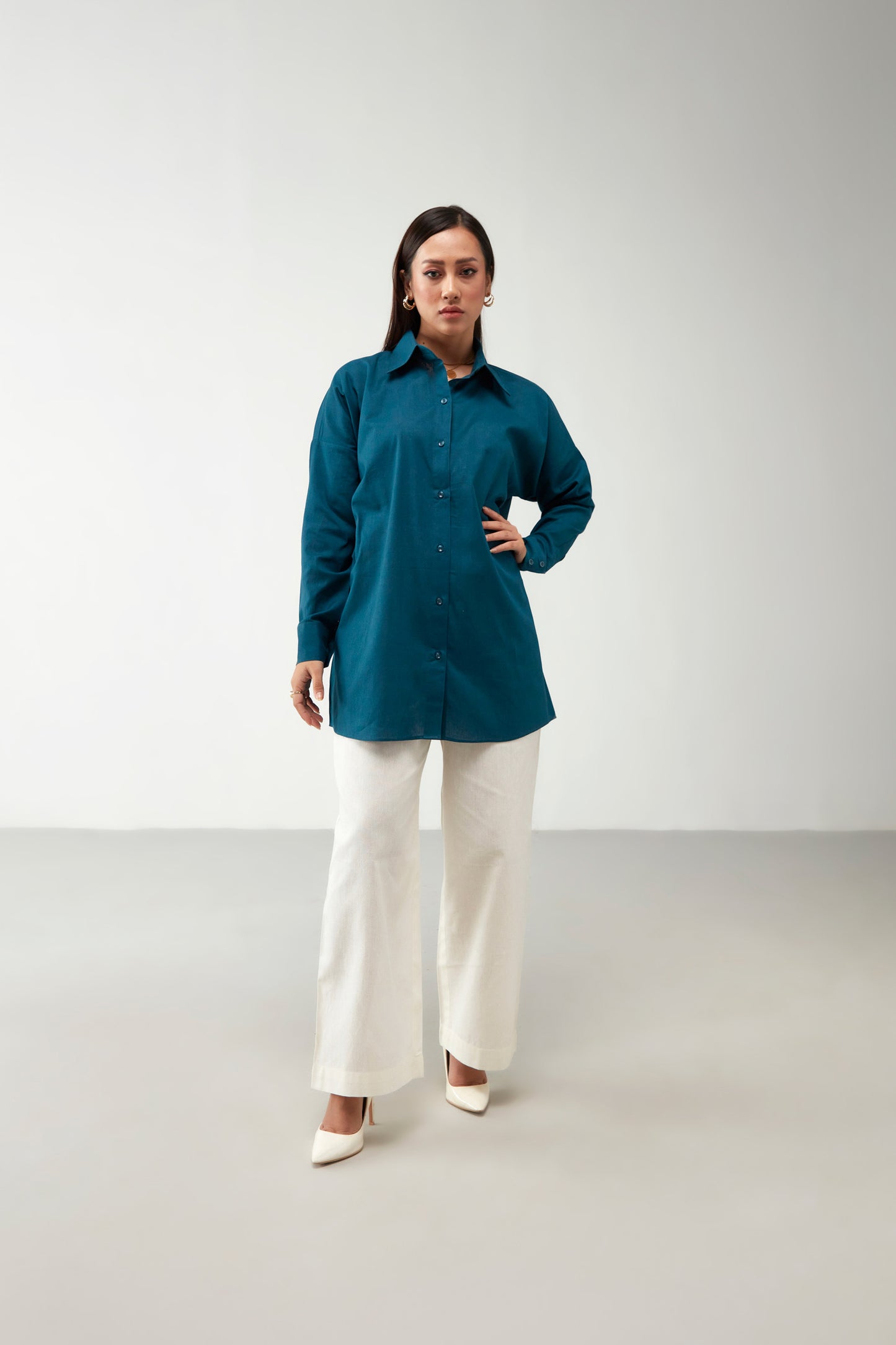 Teal Blue Oversized V Cut Cotton Shirt