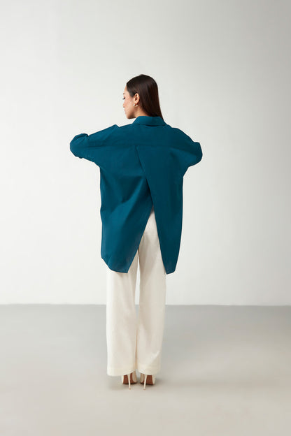 Teal Blue Oversized V Cut Cotton Shirt