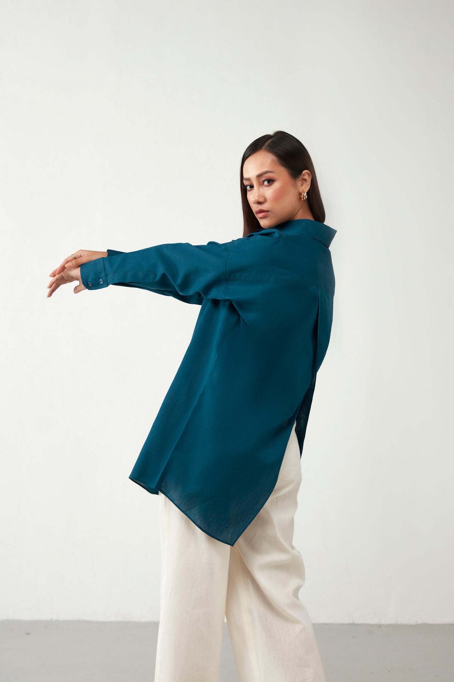 Teal Blue Oversized V Cut Cotton Shirt