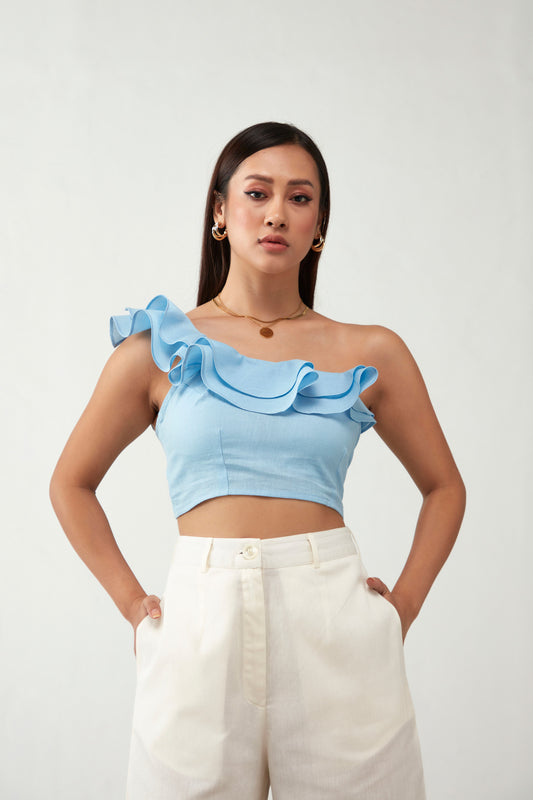 Blue One Shoulder Ruffle Cotton Crop Top