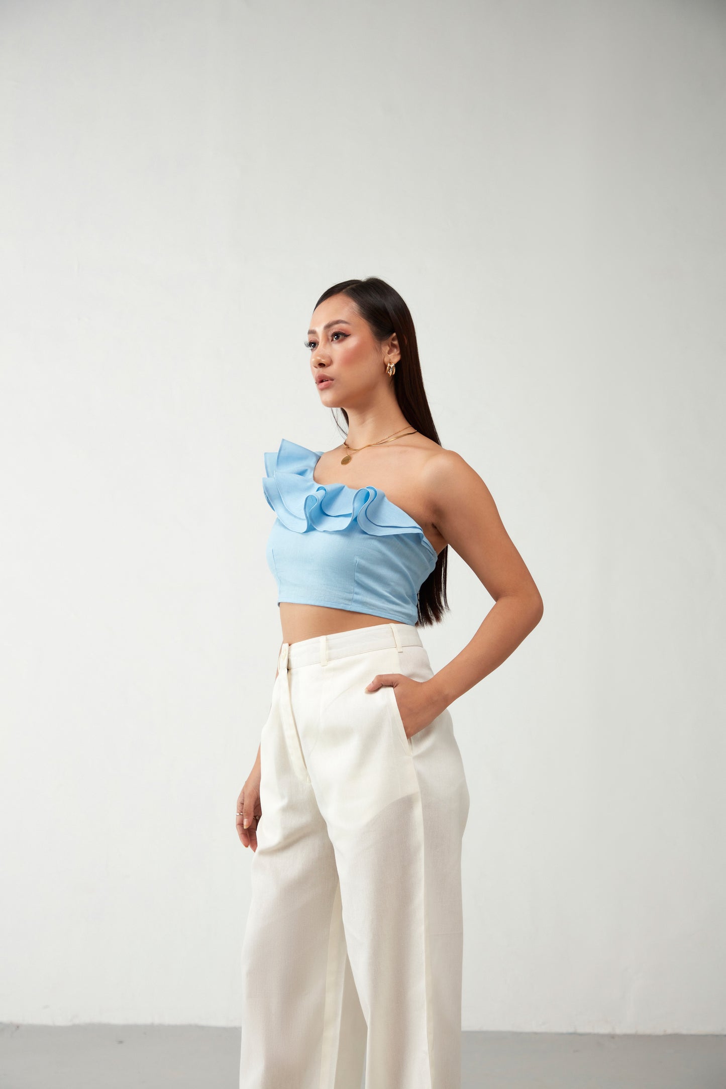 Blue One Shoulder Ruffle Cotton Crop Top