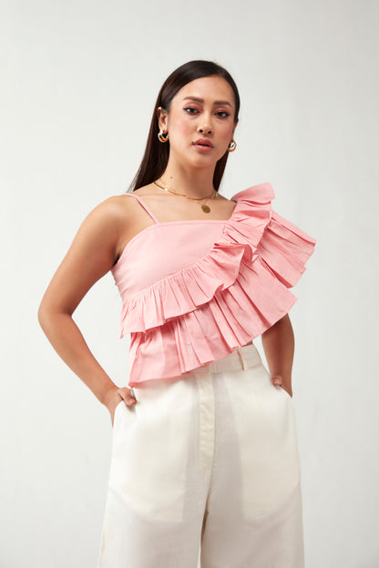 Pink One Shoulder Ruffle Cotton Crop Top