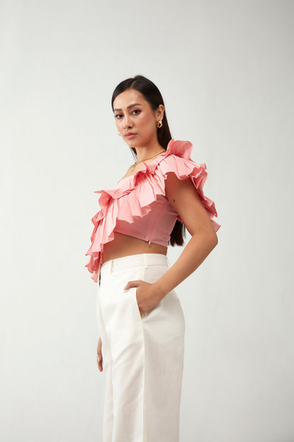 Pink One Shoulder Ruffle Cotton Crop Top