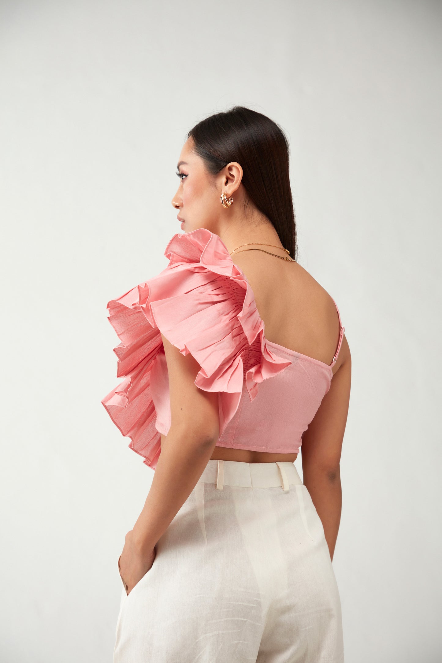 Pink One Shoulder Ruffle Cotton Crop Top