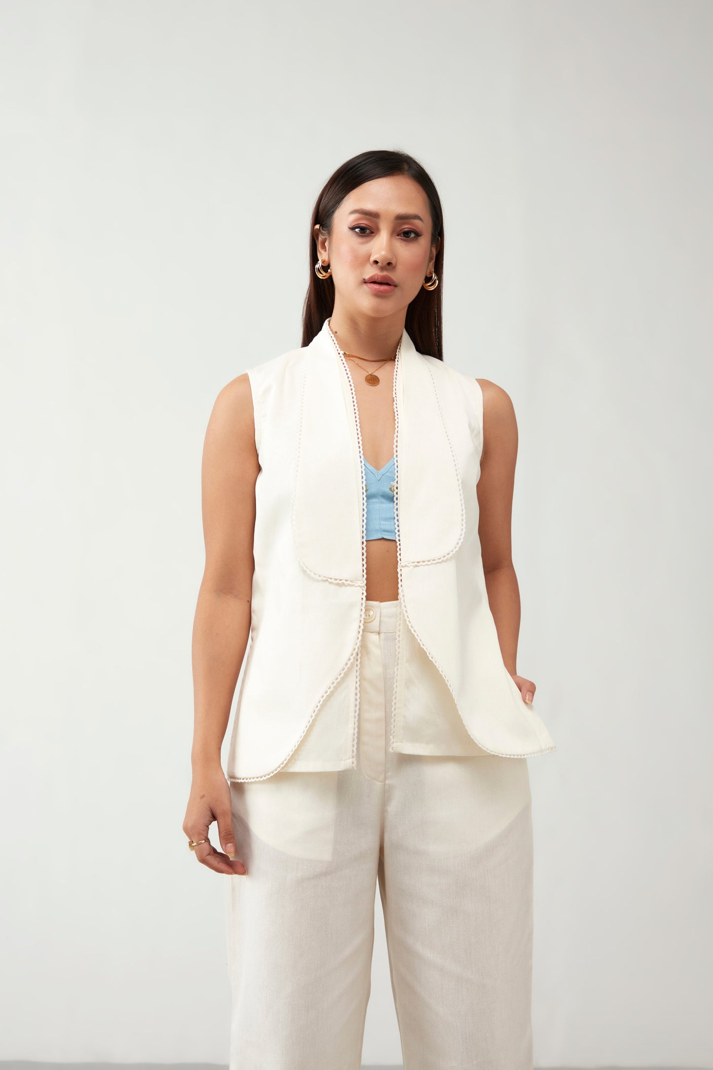 Off white and light blue Cotton Co-Ord Set