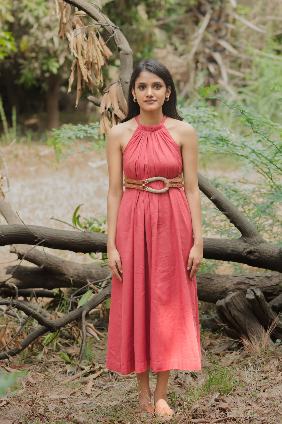 Red Neckline Tie up Cotton Dress