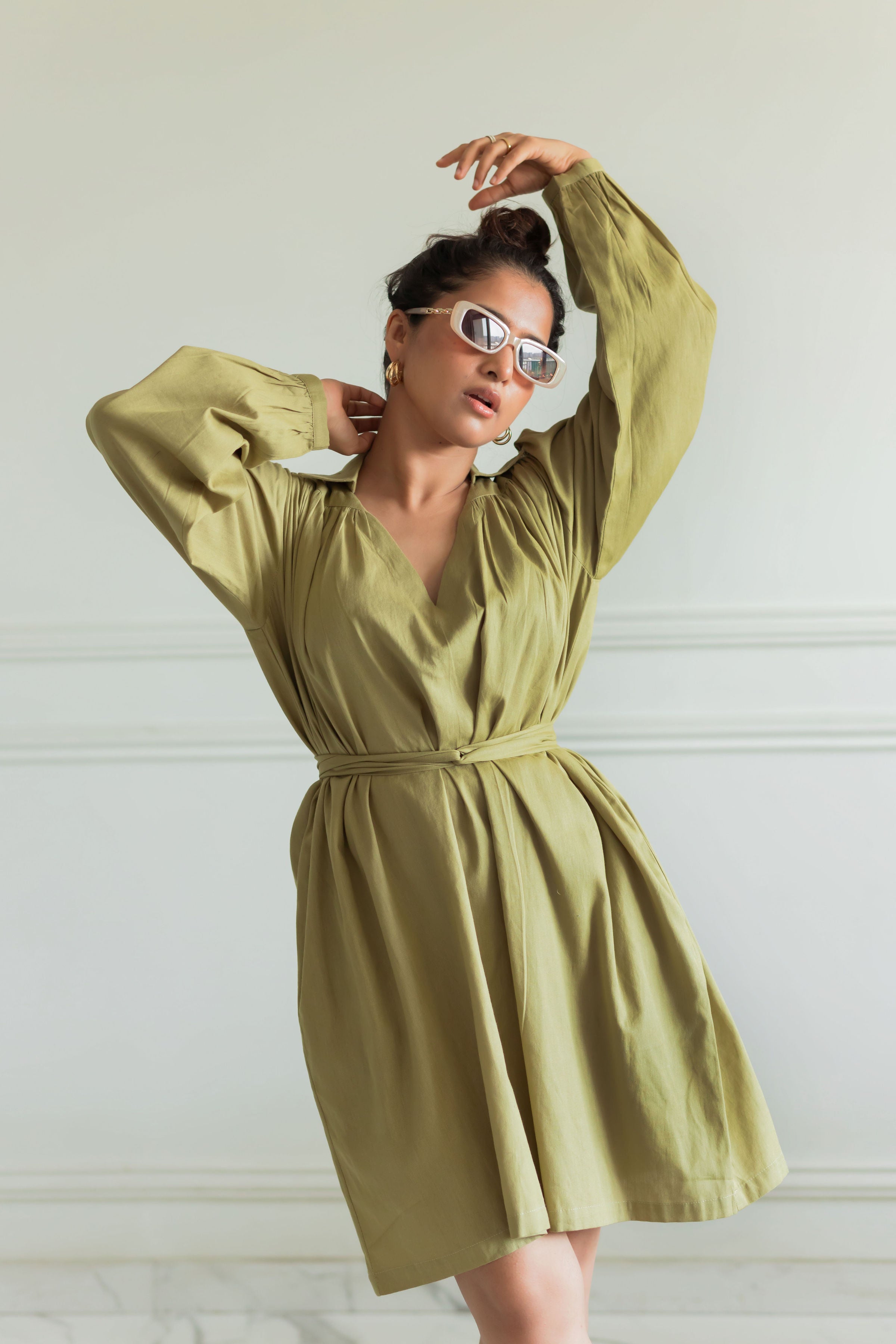Green Collar style Puff Power Sleeve Dress – isyachi