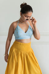 Blue Floral Embroidered Cotton Crop Top