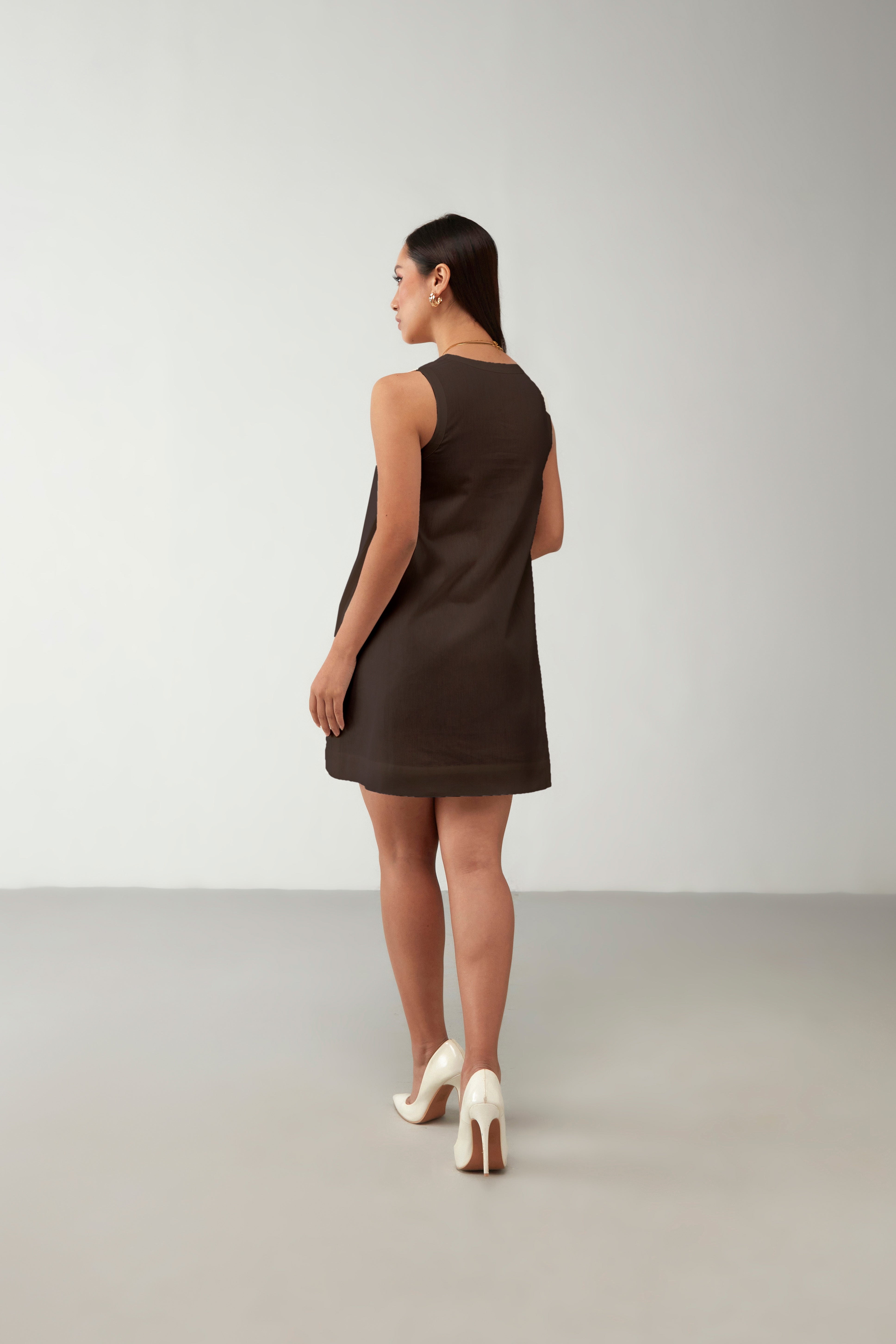 Brown Crisp Anti Fit V Neckline Dress Brown Crisp Anti Fit V Neckline Dress